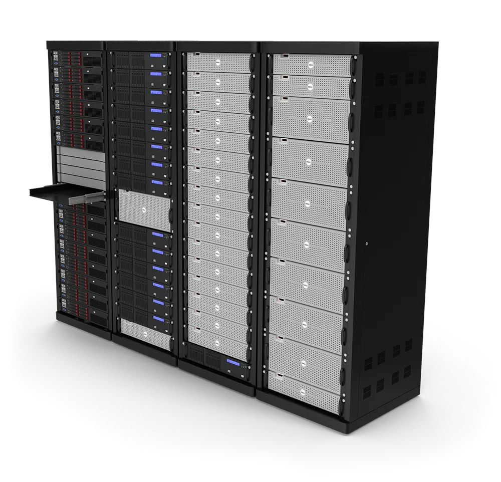 Black data center server rack with multiple drive bays and open sliding tray