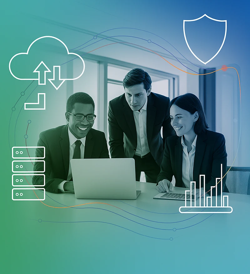 Disaster recovery planning team with cloud backup and cybersecurity icons.