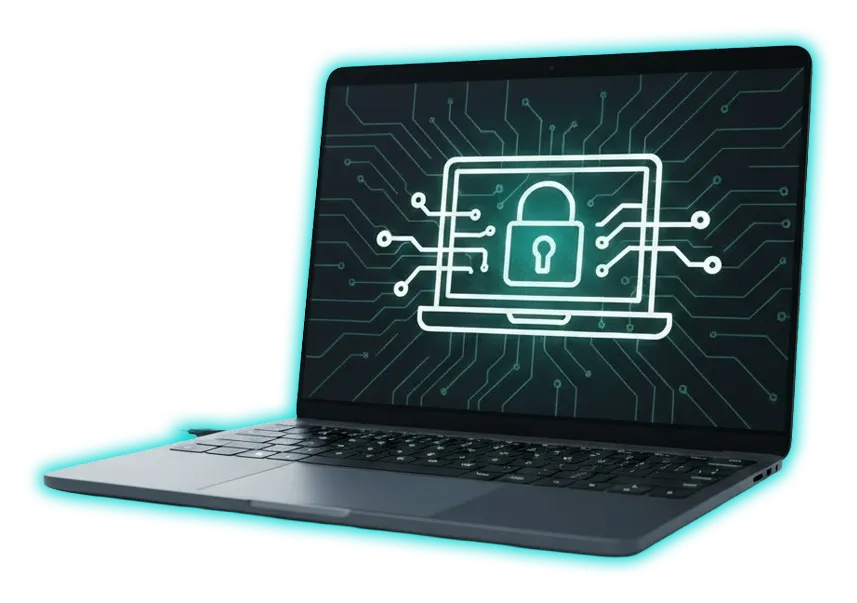 Secure business laptop showing cybersecurity protection for hardware and software solutions.