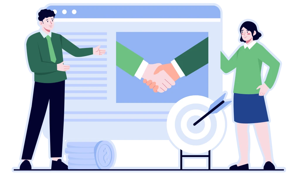 Illustration of two professionals planning a business continuity and disaster recovery strategy with handshake and target icons.