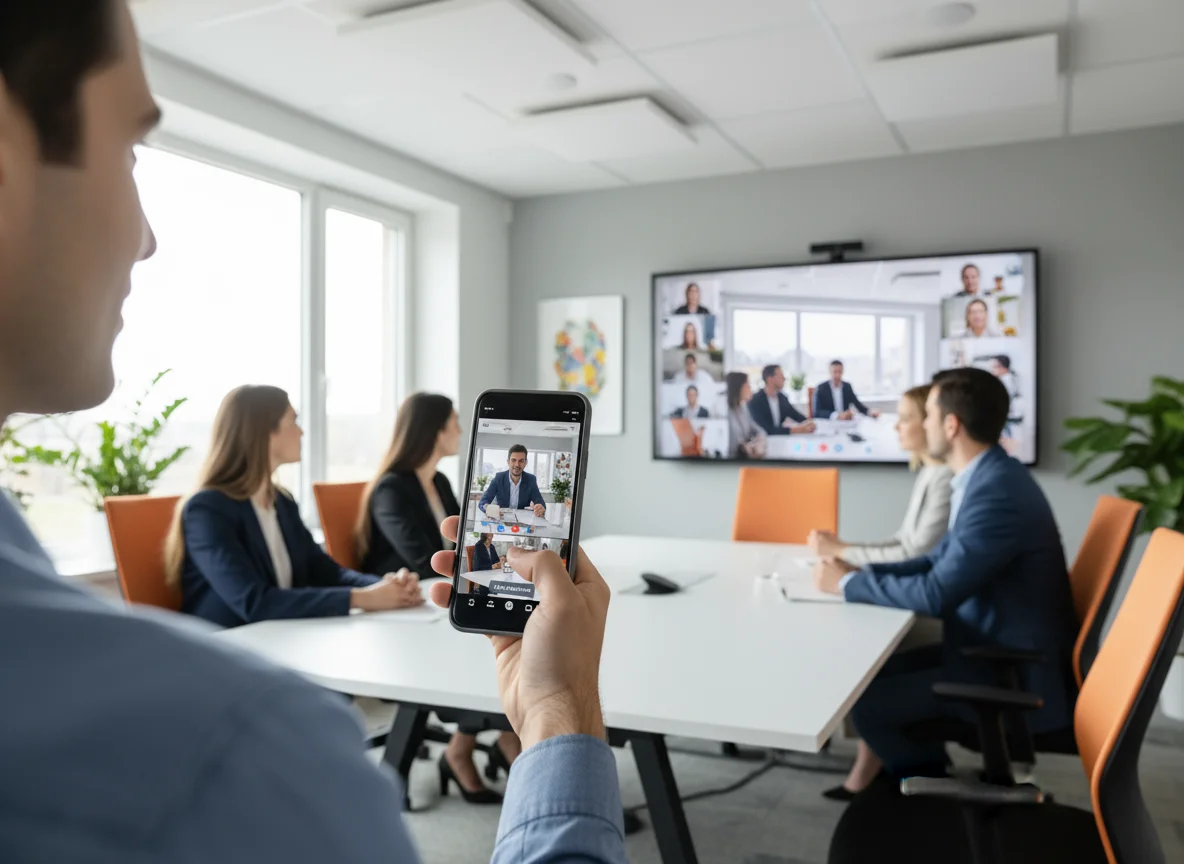 Team using video conferencing through a cloud VoIP phone system, showing modern business communication and remote collaboration tools.